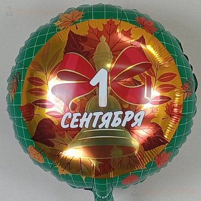 Шар (18''/46 см) Круг, 1 Сентября (колокольчик и листья), Зеленый
